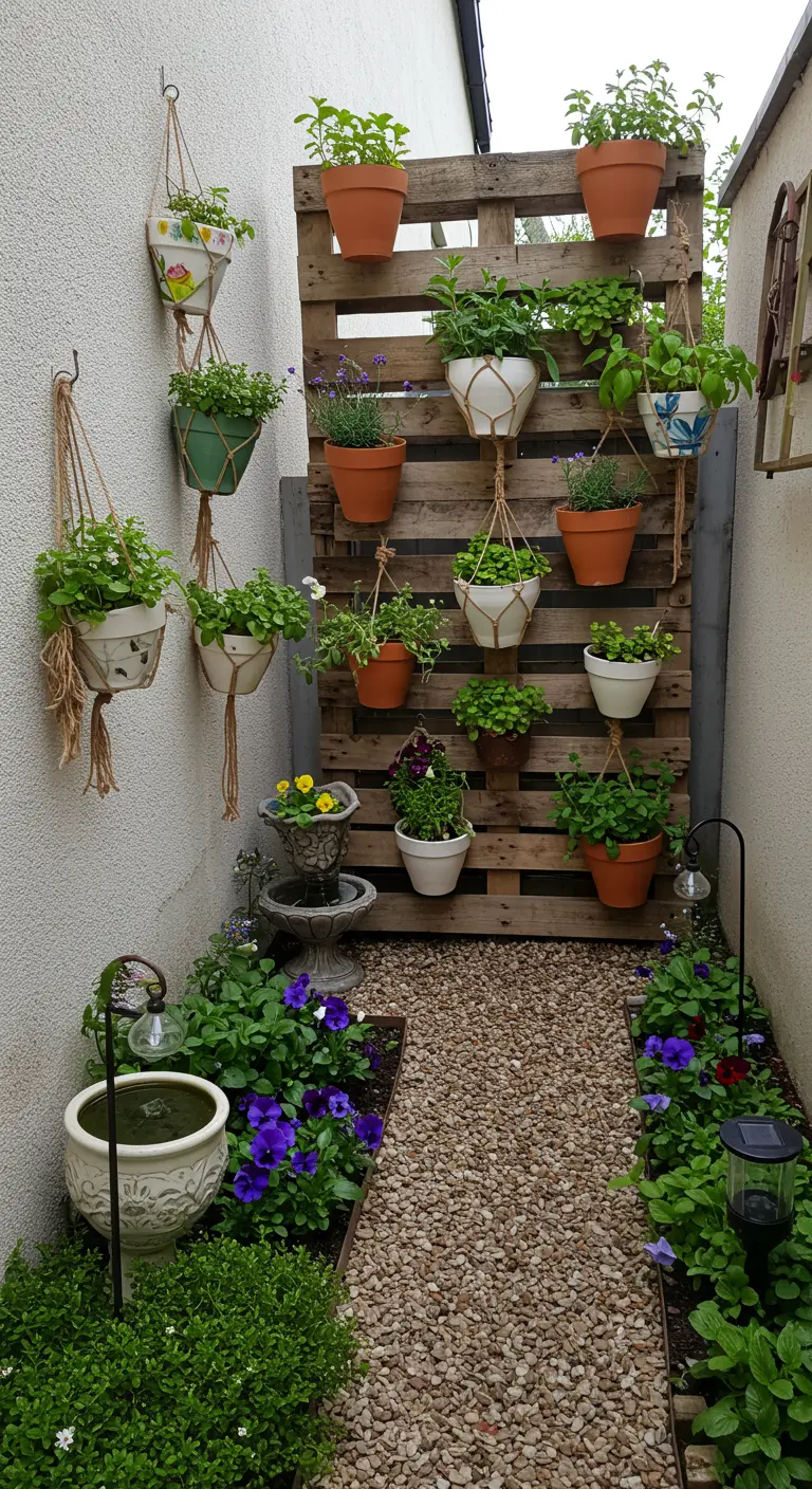 Allée étroite avec mur végétal en palette, pots suspendus, et un petit chemin de gravier.