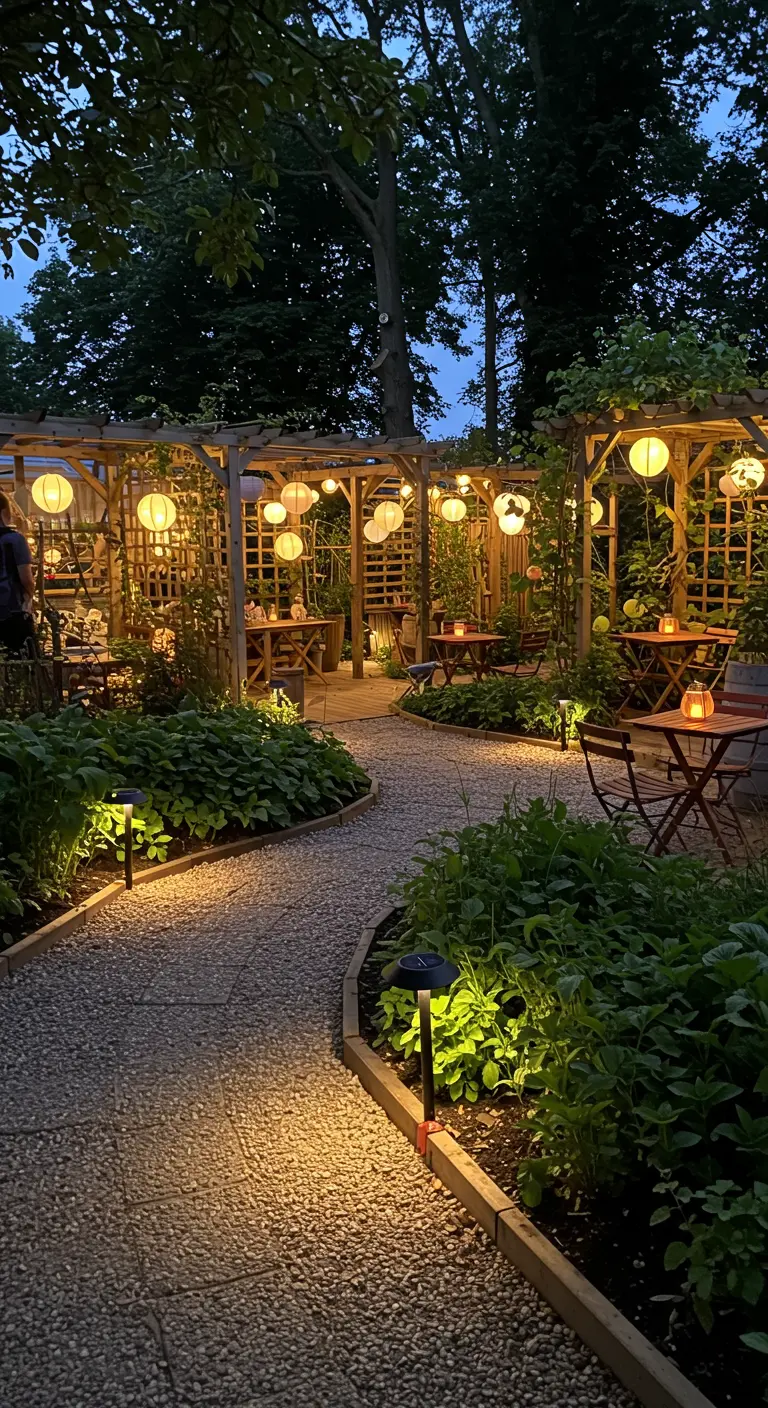 Sentier de jardin sinueux éclairé par des lampions suspendus à des pergolas en bois et des balises lumineuses au sol.