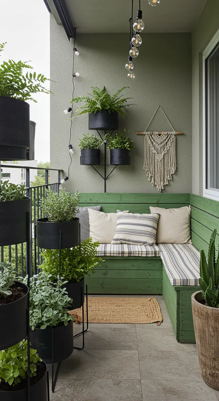 Balcon bohème-industriel avec jardinières en métal, banc vert et macramé.