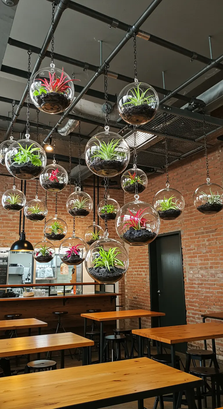 Nombreux terrariums sphériques avec diverses plantes vertes et rouges, suspendus par des chaînes dans un café urbain.