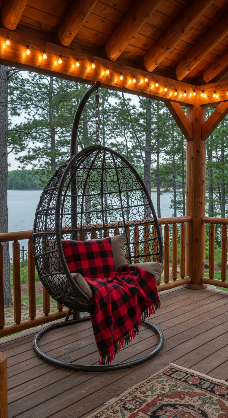 Fauteuil œuf en métal sur un porche de chalet, plaid rouge à carreaux, vue sur le lac.