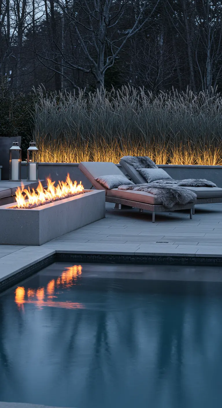 Patio moderne avec brasero linéaire, chaises longues avec fourrure, bord de piscine et herbes rétroéclairées.