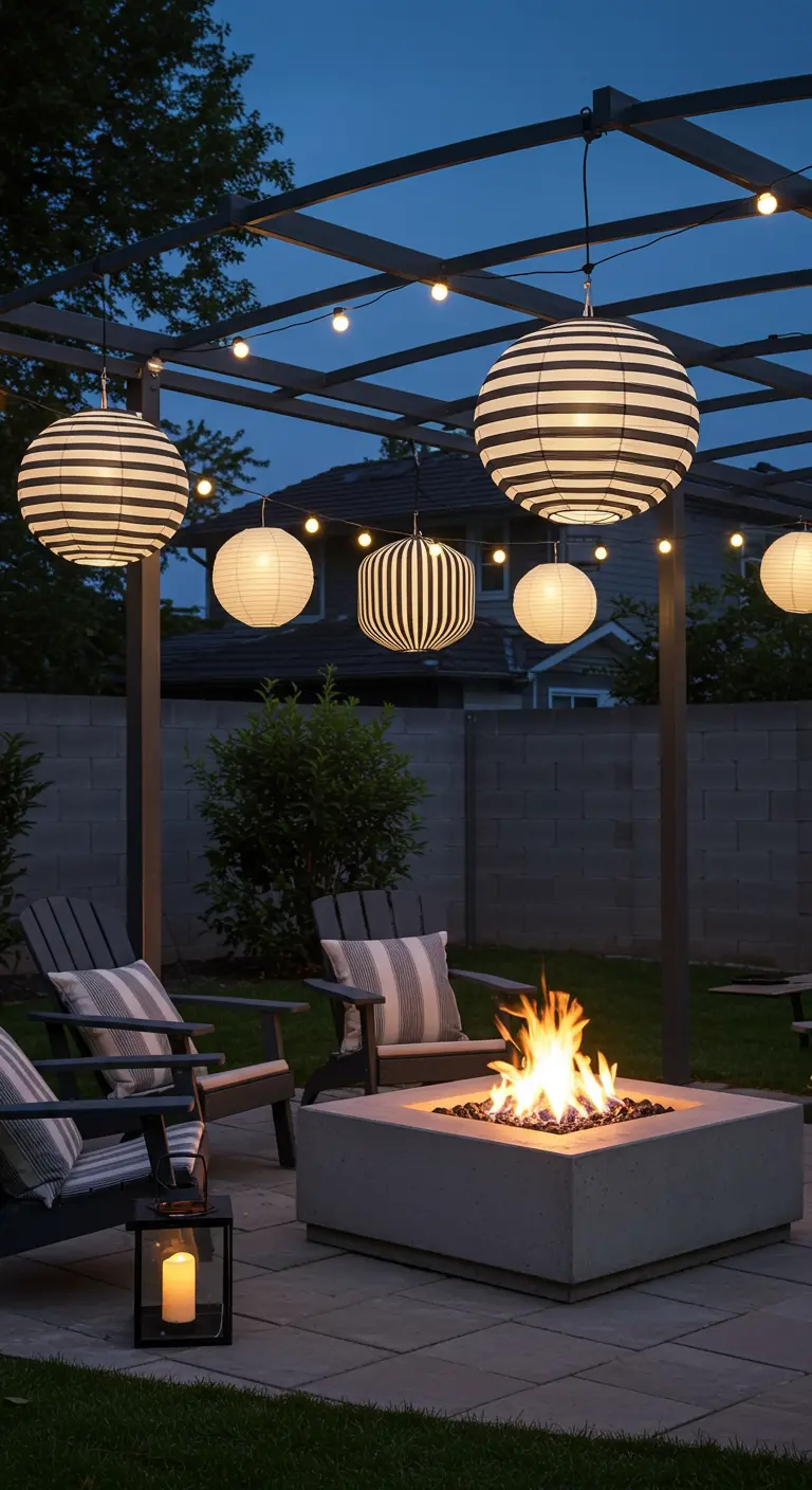 Patio moderne avec brasero, chaises, lampions rayés noirs et blancs, et guirlandes sous pergola.