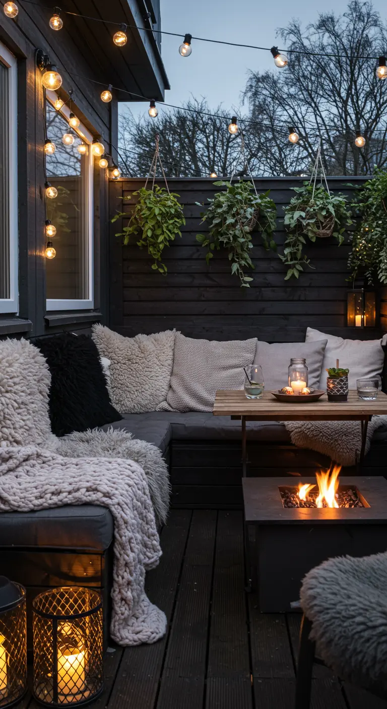 Balcon sombre avec banquette, plaids moelleux, brasero moderne et guirlande lumineuse pour une ambiance cosy.