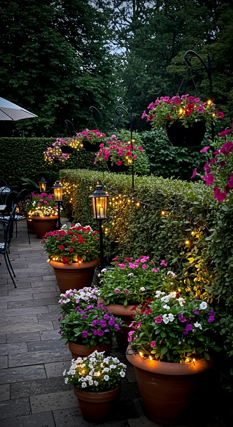 Patio avec pots de fleurs, suspensions et guirlandes lumineuses LED.