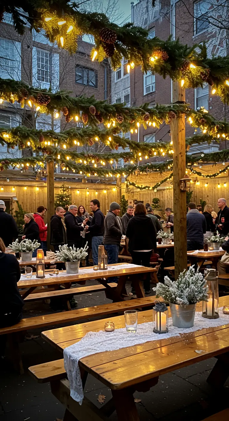 Patio extérieur avec tables de pique-nique, guirlandes lumineuses, et personnes rassemblées.