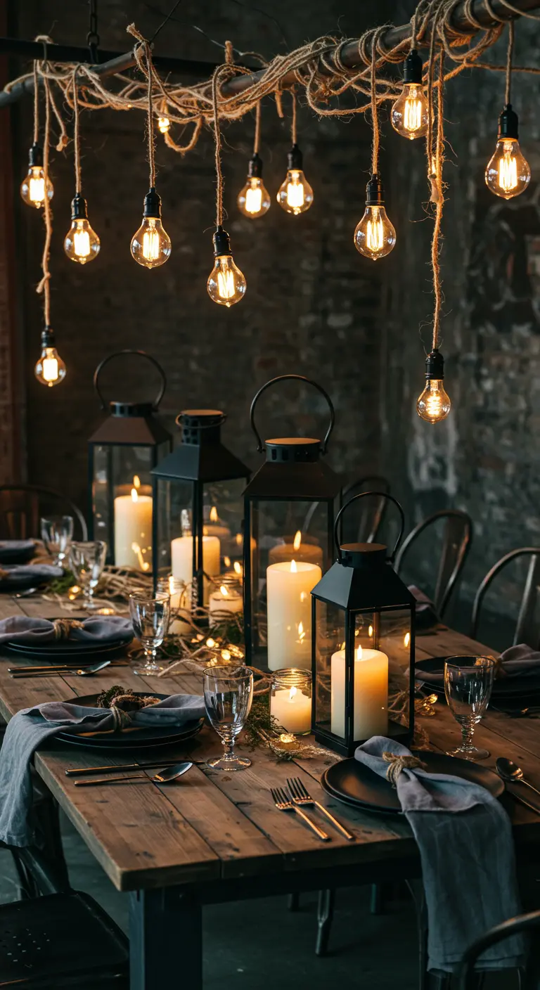 Table industrielle avec ampoules Edison suspendues, grandes lanternes noires et bougies piliers.