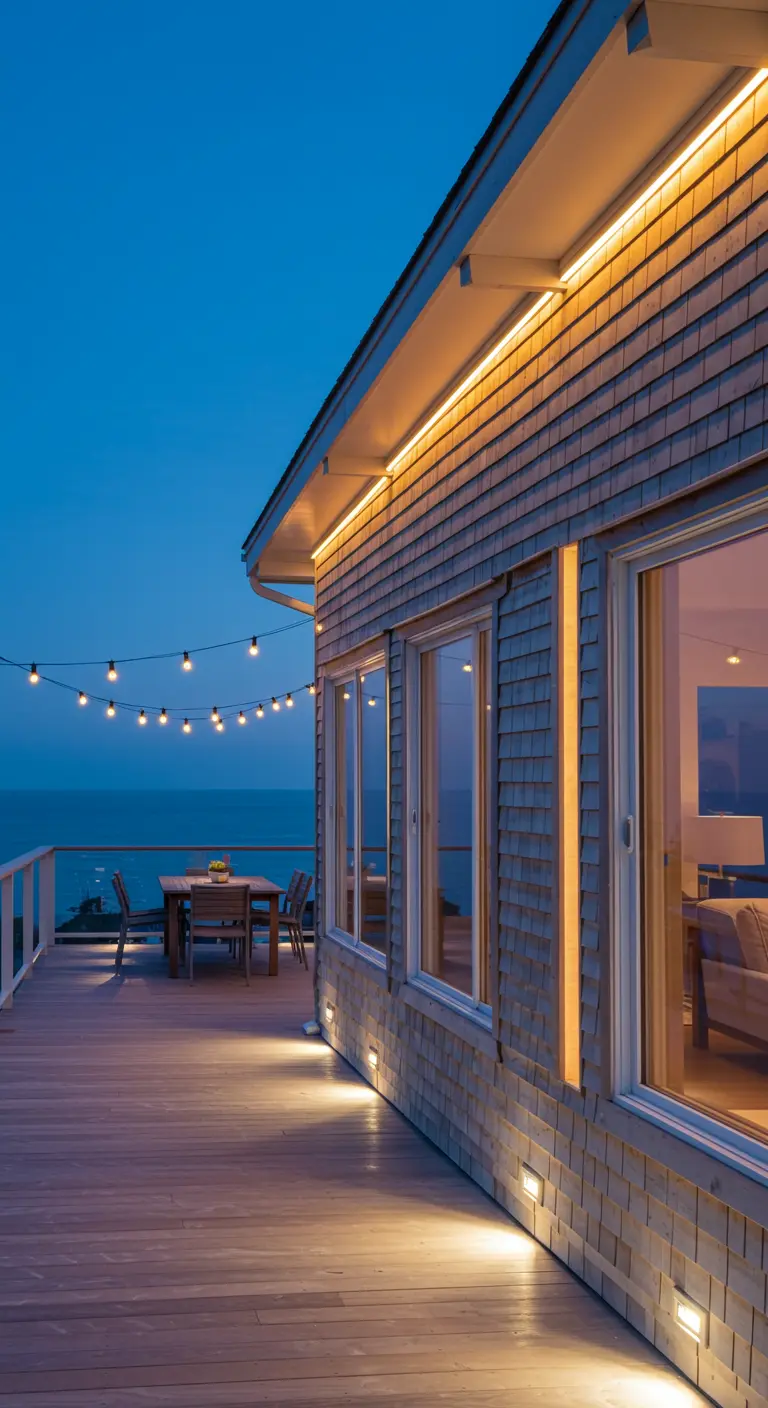 Maison côtière en bois avec terrasse, lumières LED linéaires et guirlandes lumineuses.