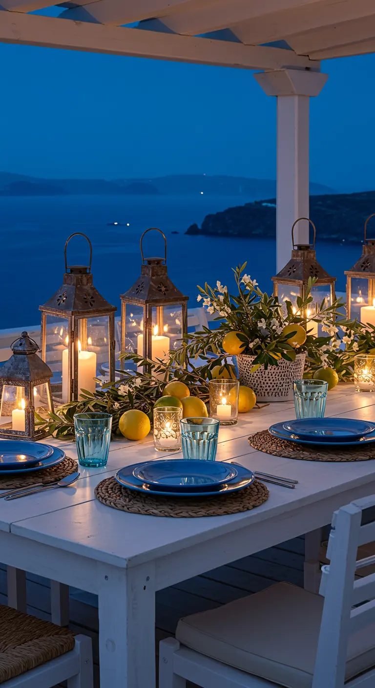 Table de dîner en bord de mer avec des lanternes, des citrons frais, de la lavande et de la vaisselle bleue.