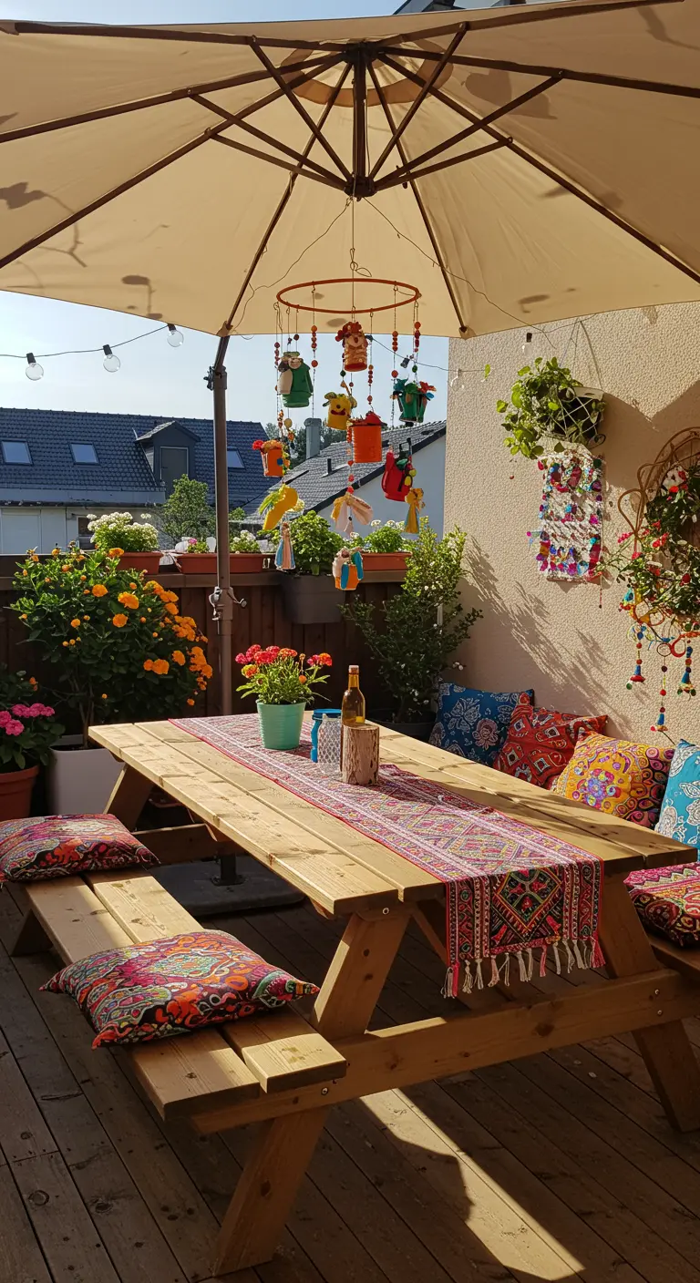 Table de pique-nique avec parasol, coussins colorés, chemin de table ethnique et mobile DIY.