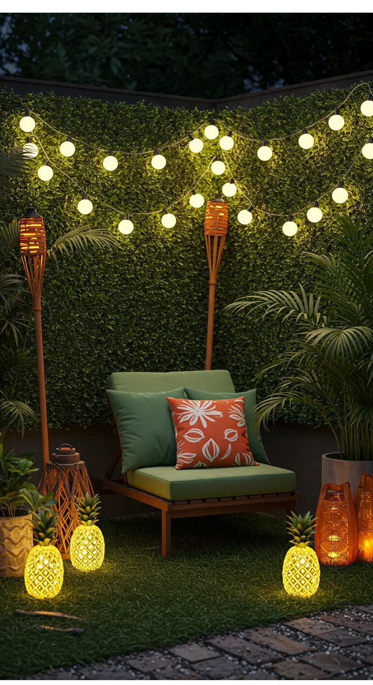 Terrasse tropicale avec haie verte, guirlandes lumineuses, torches tiki et lanternes ananas.