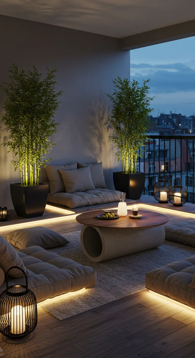 Balcon zen avec coussins au sol, table ronde béton, bambous éclairés, lumières LED.