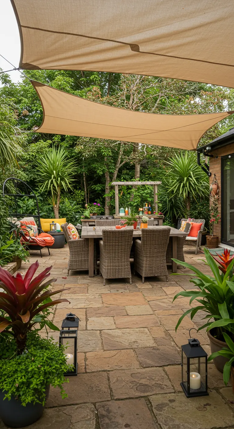 Grande terrasse avec table de repas en bois sous une voile d'ombrage beige, entourée de plantes.