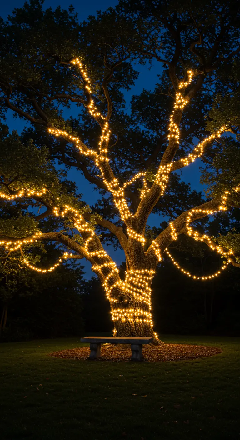 Grand arbre majestueux entièrement enveloppé de guirlandes lumineuses, avec un banc en pierre.