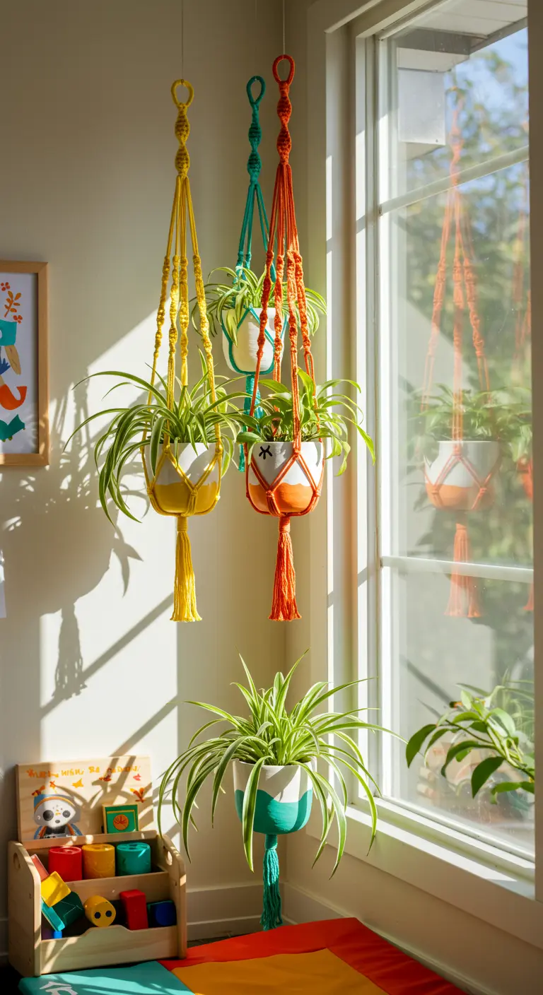 Plantes araignées suspendues dans des pots colorés en macramé, près d'une fenêtre dans une chambre d'enfant.