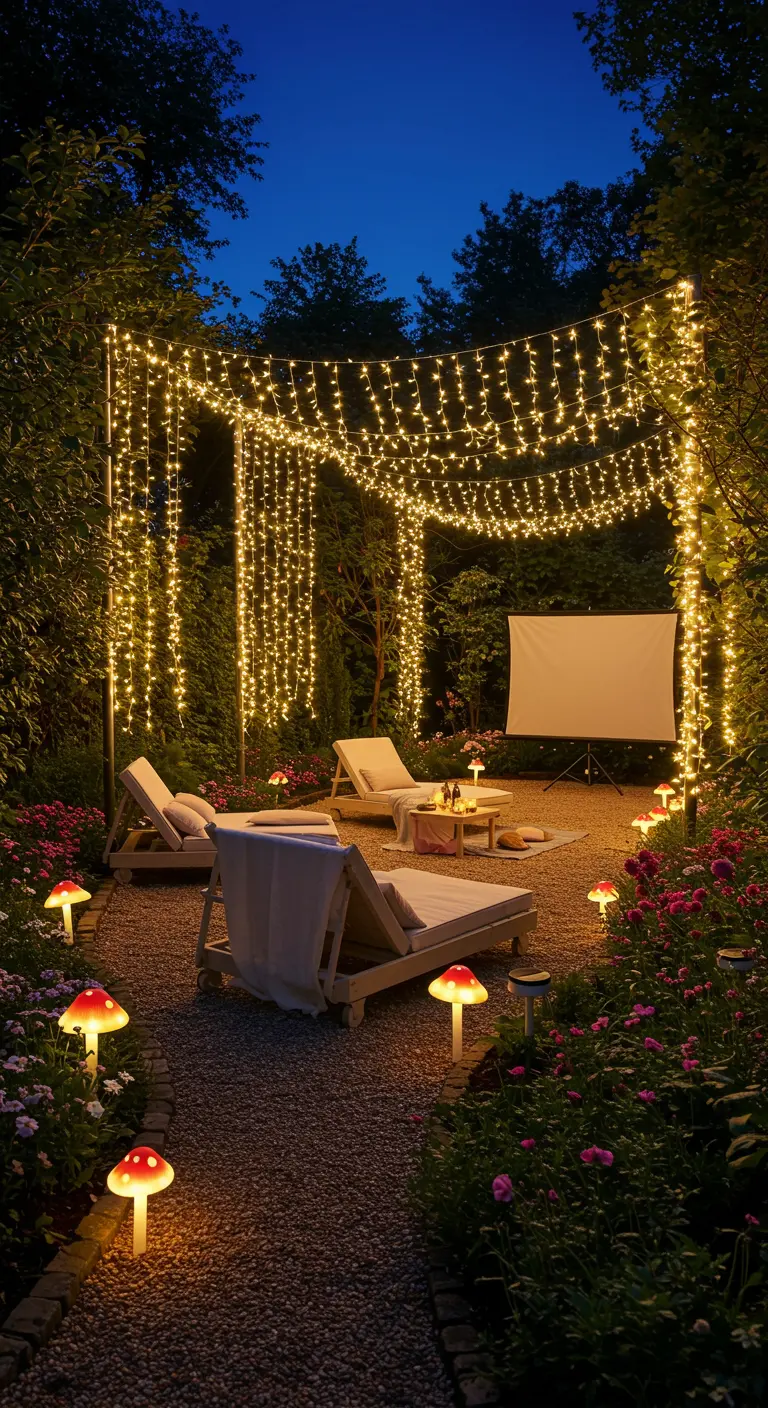 Jardin enchanté avec arche lumineuse, chaises longues, écran et lampes champignon décoratives.