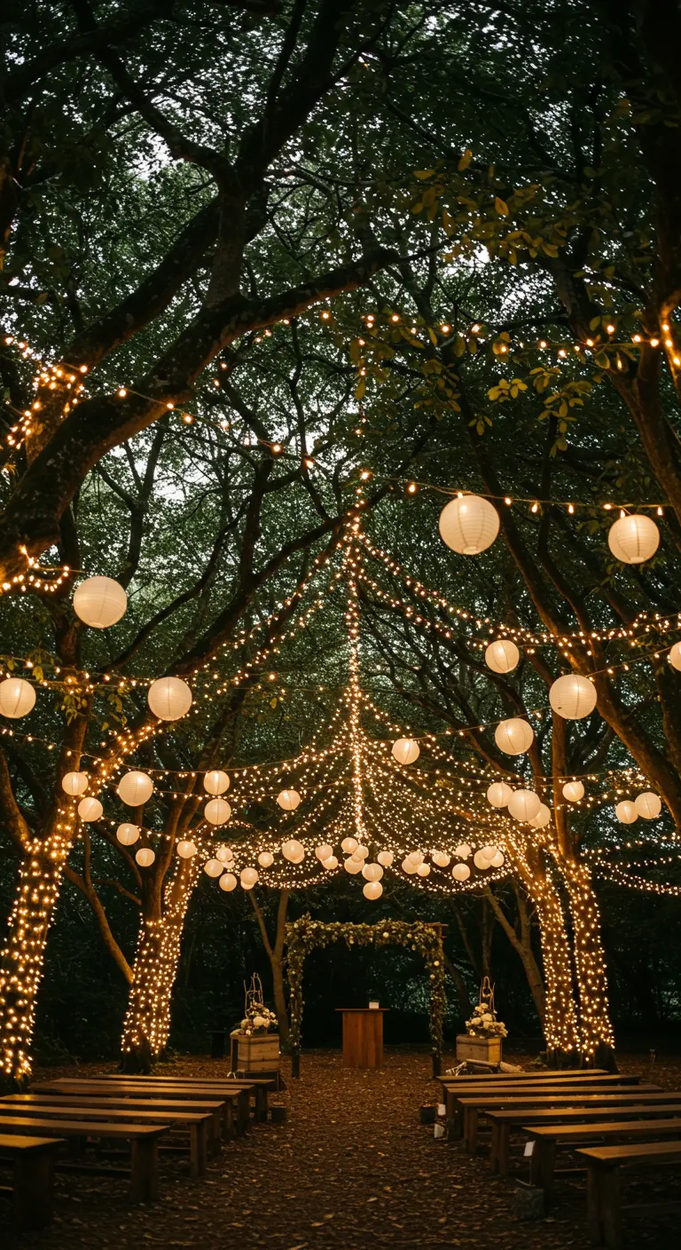 Allée forestière avec une arche d'arbres illuminée par des guirlandes et des lampions blancs.