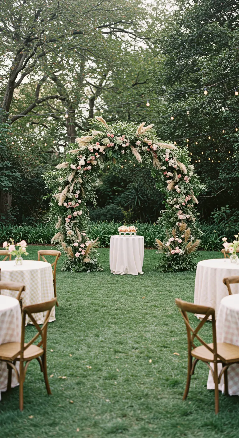 Arche de mariage luxuriante avec fleurs roses et herbes de la pampa, sur pelouse verte.
