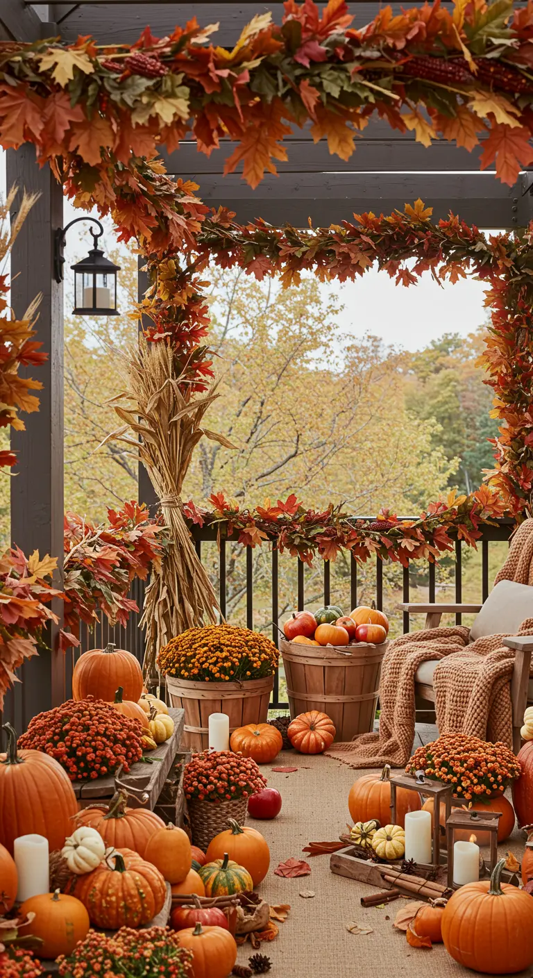 Pergola décorée d'une arche et de guirlandes de feuilles d'automne, avec citrouilles, chrysanthèmes et plaids.