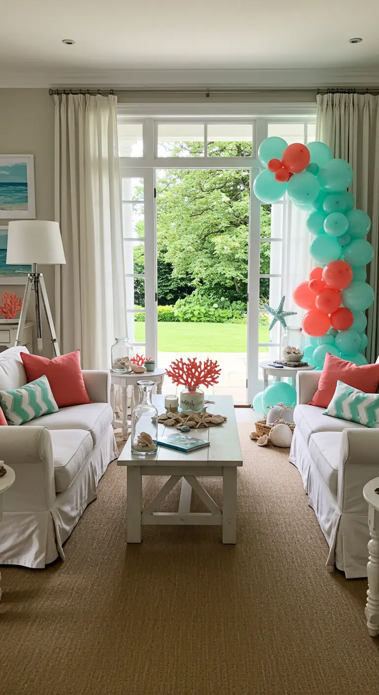 Salon avec une arche de ballons corail et menthe encadrant une porte-fenêtre, ambiance balnéaire.