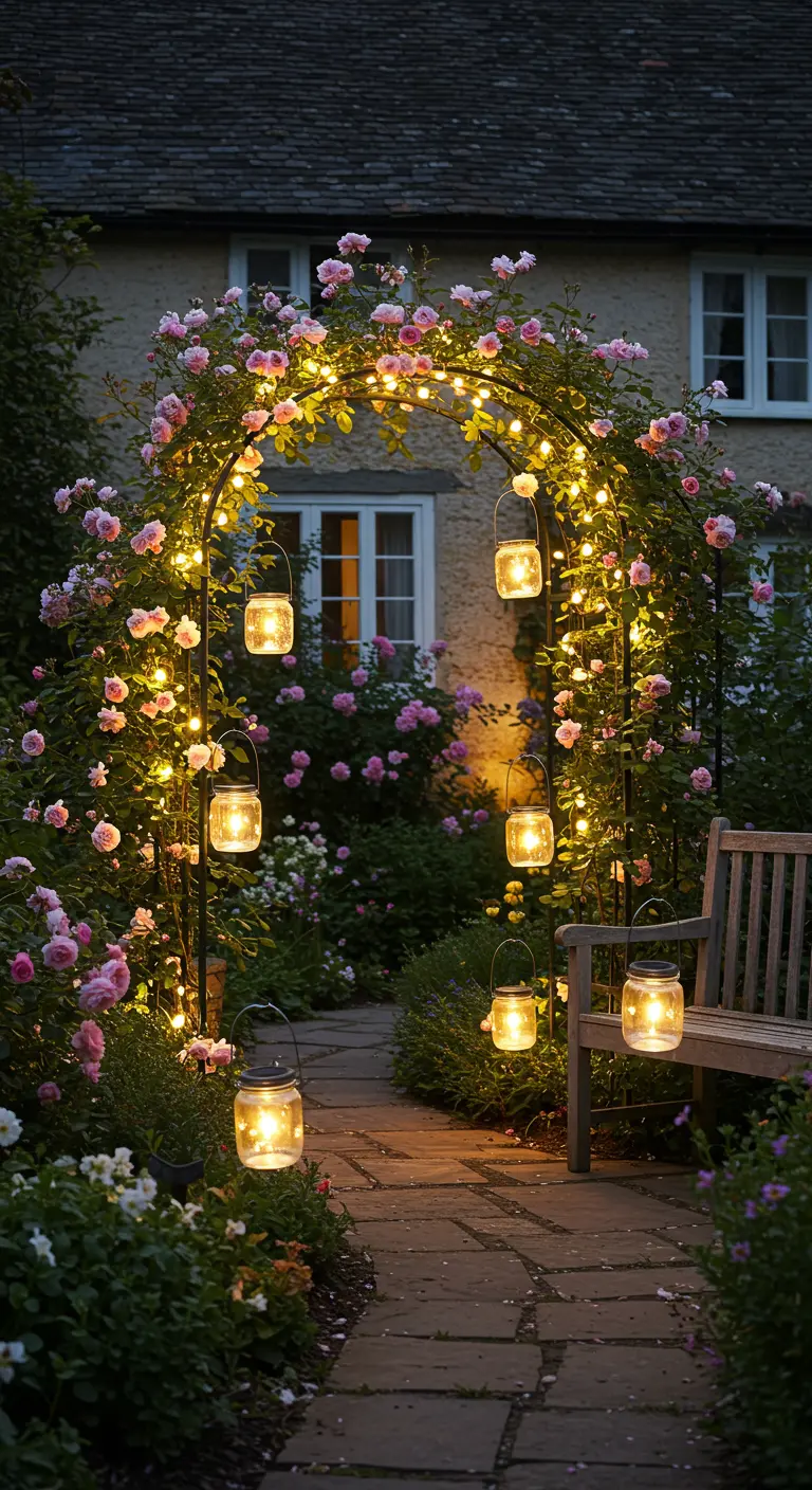 Arche de jardin fleurie avec rosiers, guirlandes lumineuses et bocaux-lanternes suspendus.