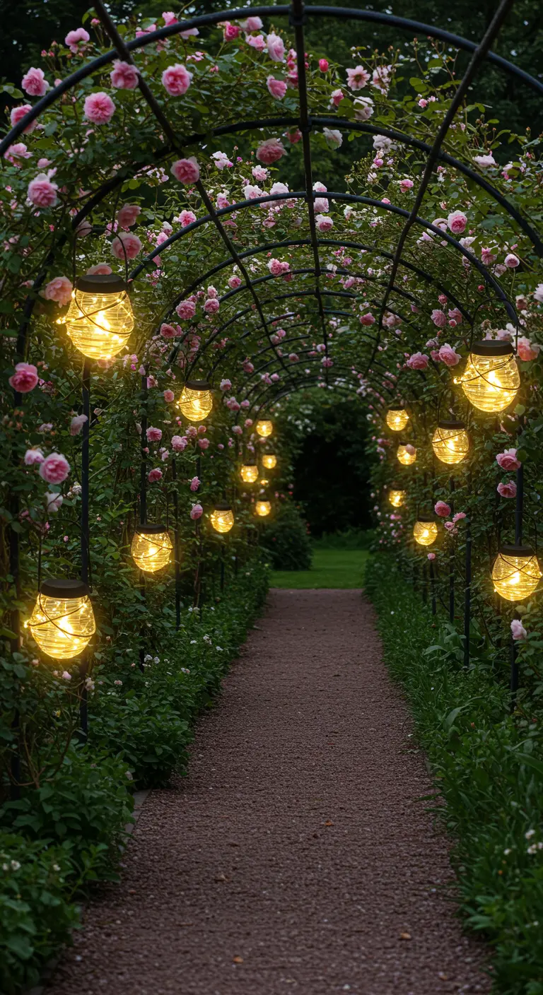 Arche de jardin couverte de roses et décorée de bocaux solaires lumineux suspendus.