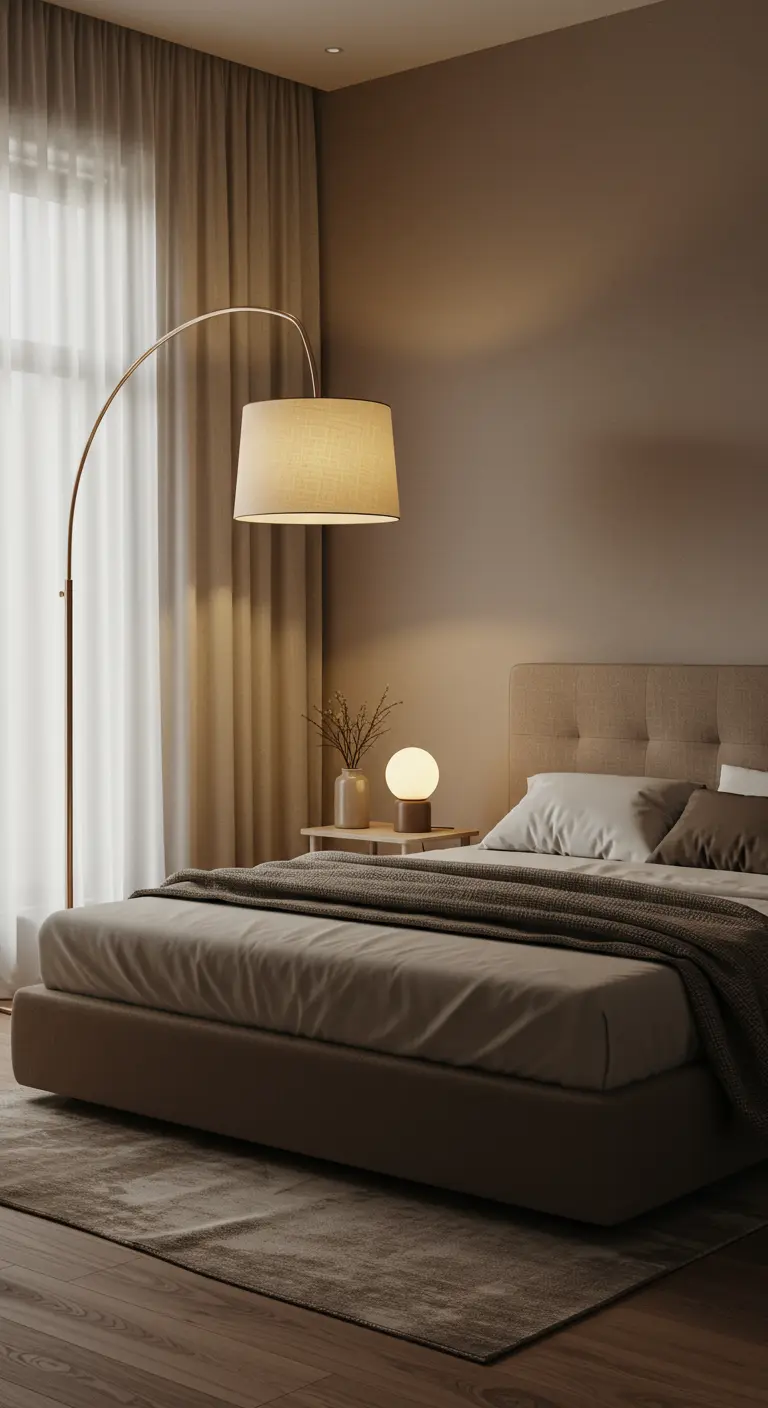 Grand lampadaire arc et petite lampe de chevet éclairant une chambre aux tons neutres.