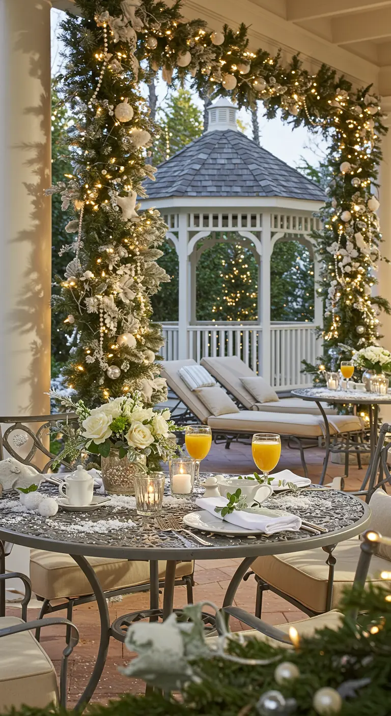 Espace extérieur avec arche lumineuse de guirlandes, table à manger, et gazebo.