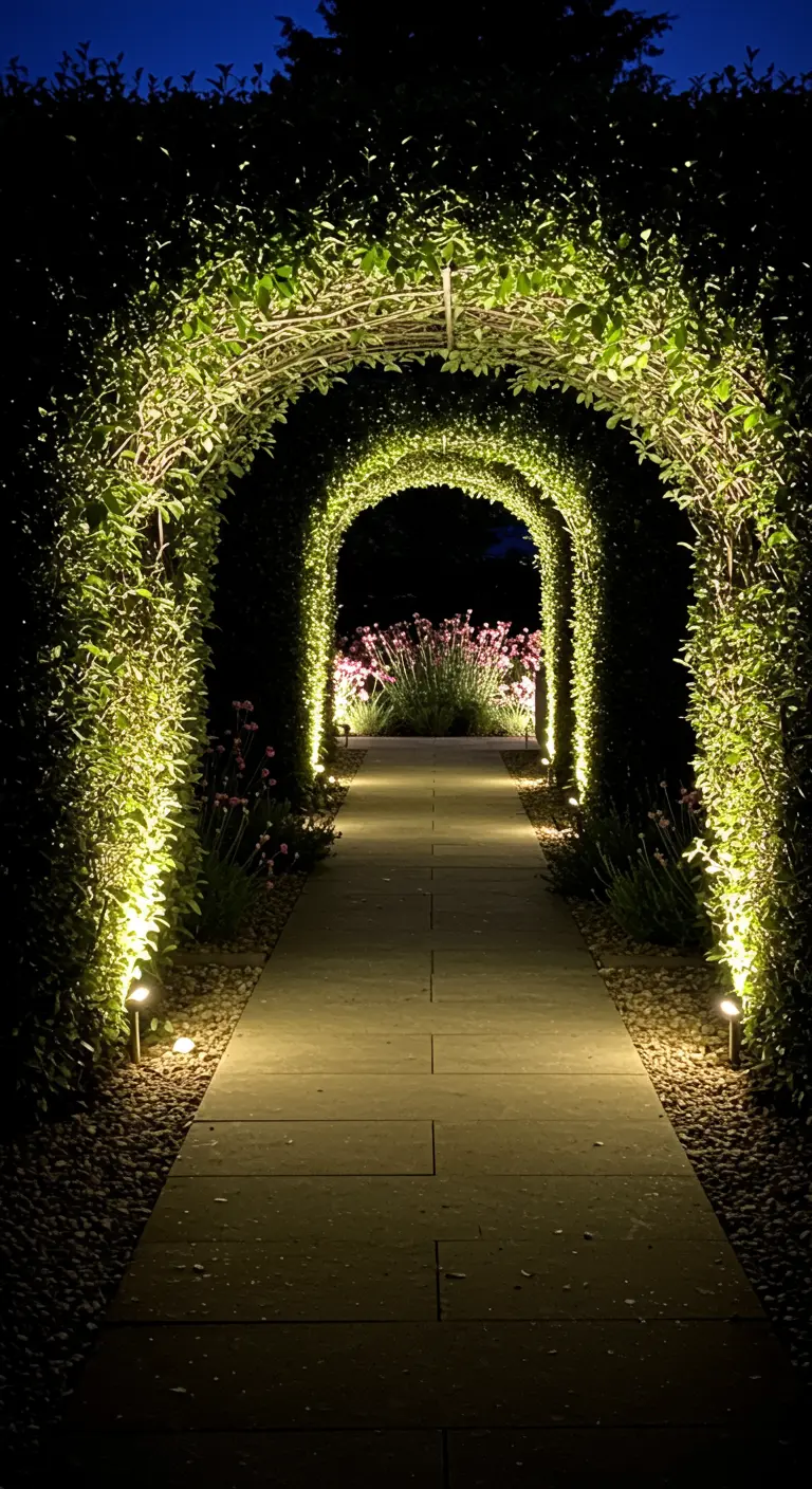 Arche végétale éclairée par des spots LED, menant à un coin salon illuminé.