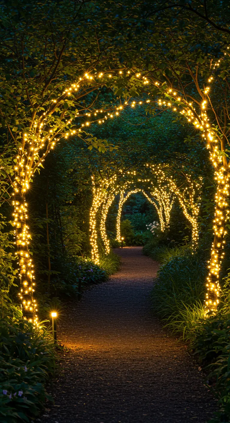 Allée de jardin bordée d'arches végétales entièrement recouvertes de guirlandes lumineuses.