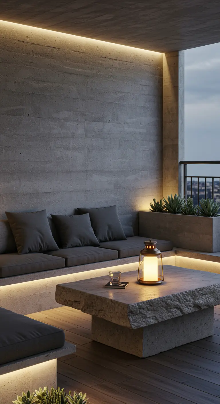 Balcon moderne béton, canapé et table intégrés, éclairage LED, plantes grasses.