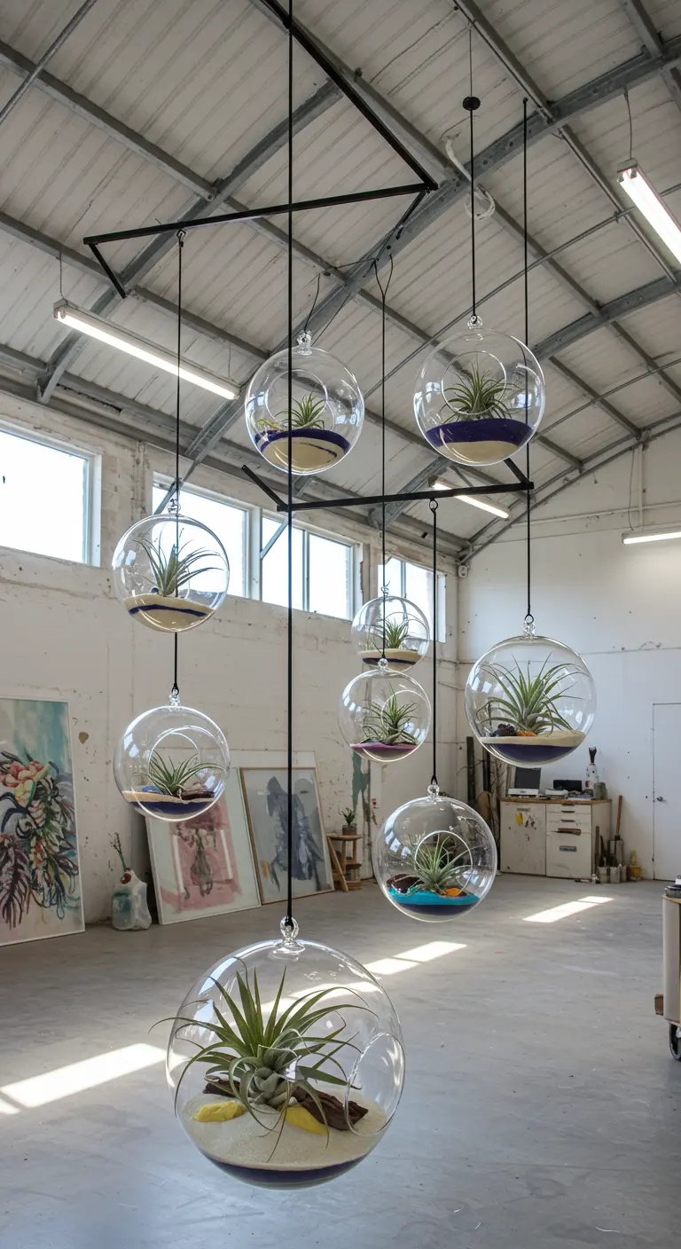 Terrariums en verre de tailles variées avec Tillandsias et sables colorés suspendus à un cadre métallique géométrique.
