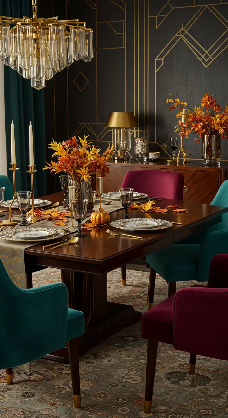 Salle à manger Art Déco avec murs noirs, chaises en velours coloré et centre de table automnal vibrant.