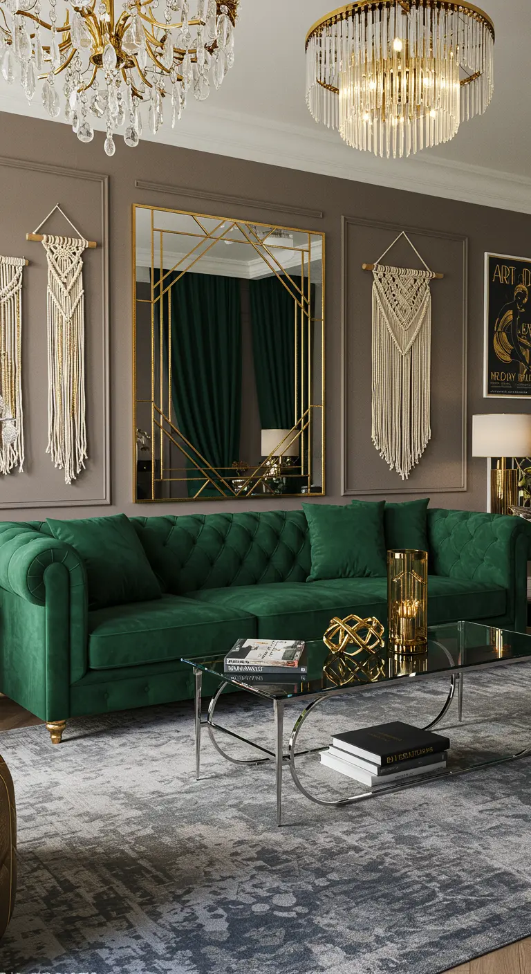 Salon Art Déco moderne avec mur gris, grand miroir géométrique doré, deux macramés et canapé en velours vert.