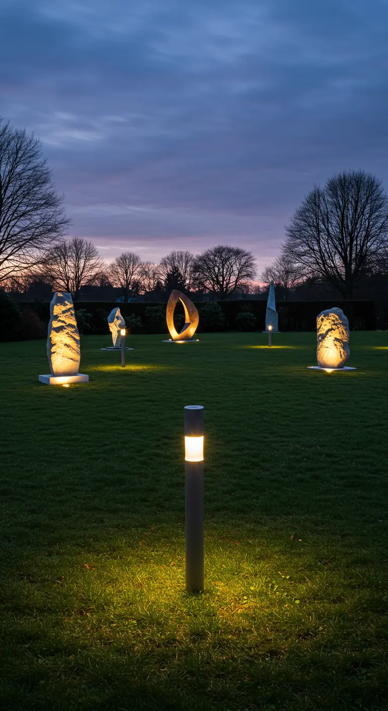 Jardin de sculptures éclairé par des bornes solaires modernes.