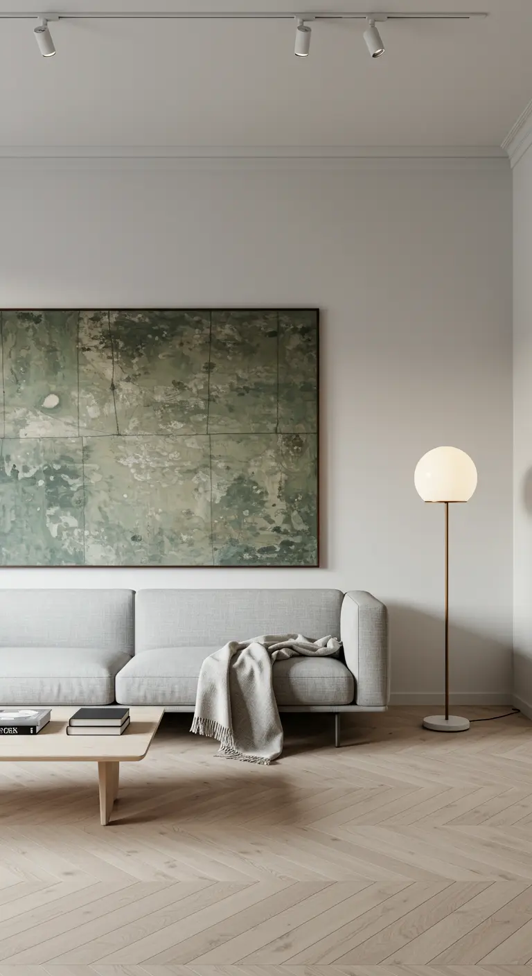 Salon scandinave minimaliste avec canapé gris clair, grand tableau abstrait vert et lampadaire globe lumineux.