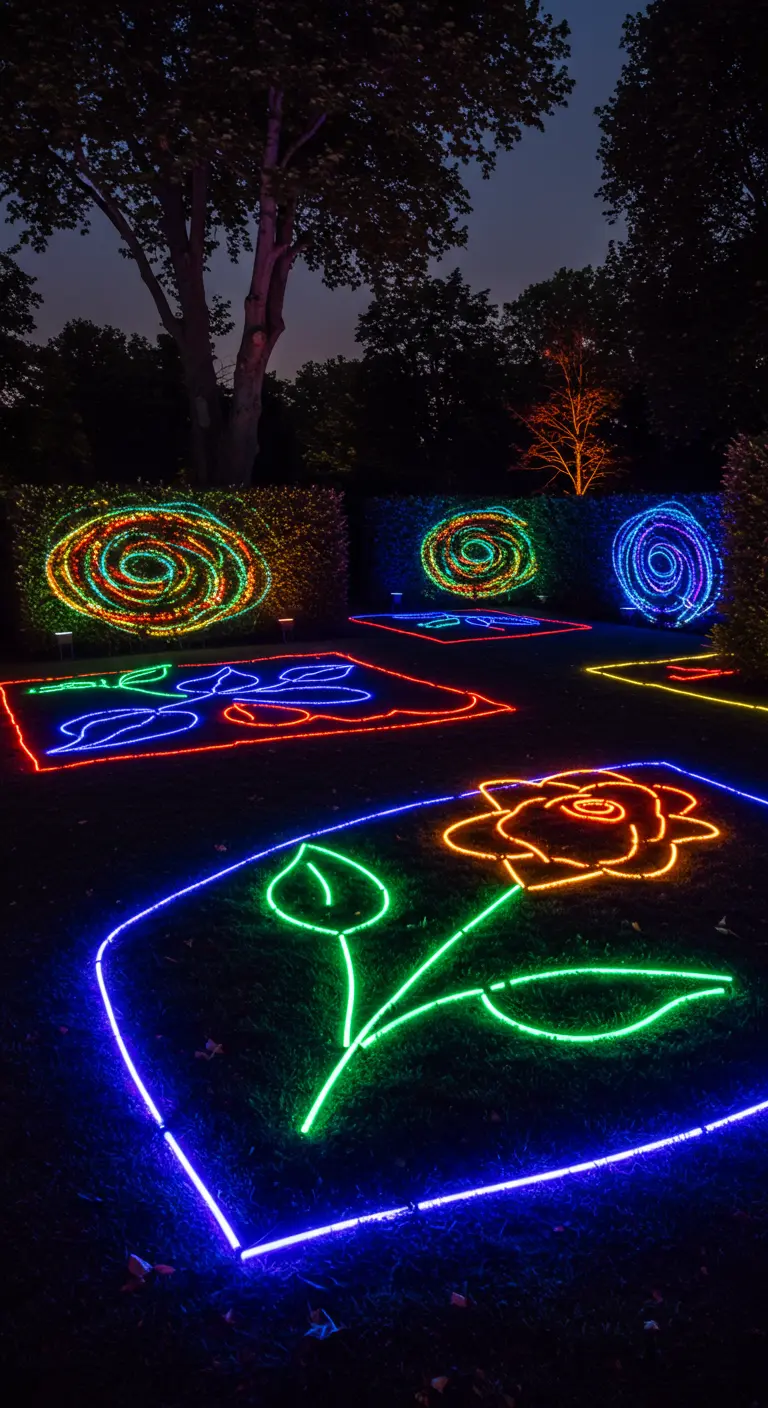 Jardin avec des motifs lumineux LED abstraits et colorés sur l'herbe et la haie.