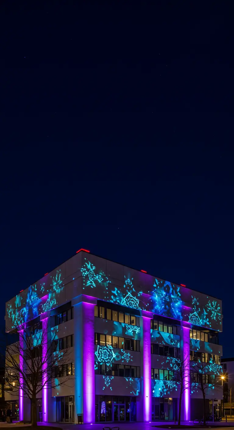 Bâtiment moderne avec des projections de flocons de neige bleus sur sa façade et un éclairage vertical magenta.