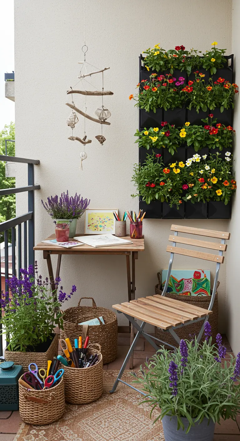 Balcon fonctionnel avec jardin vertical, table pliable et plantes de lavande.