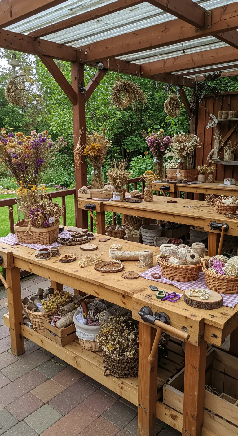 Atelier créatif en extérieur avec fleurs séchées, paniers, bobines de ficelle et outils.