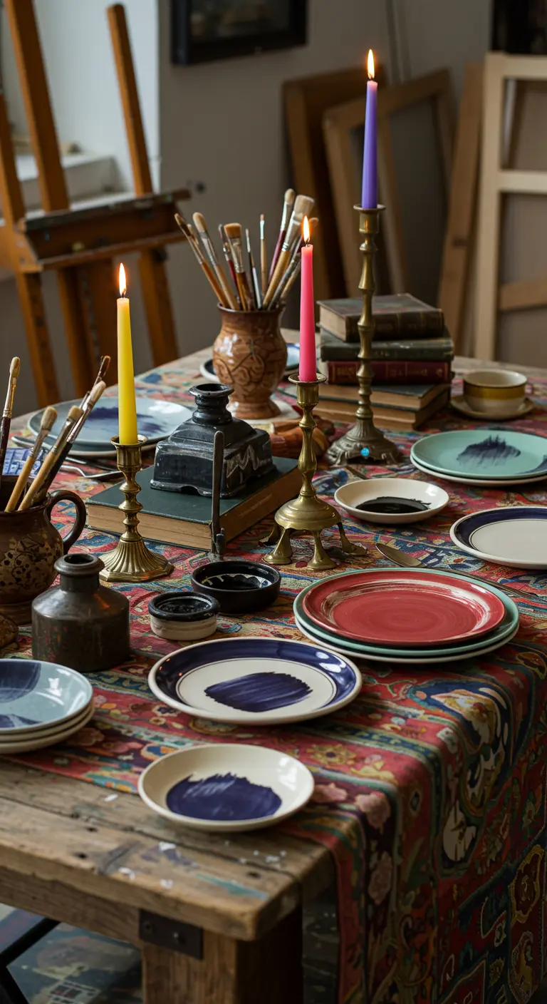 Table d'artiste avec nappe colorée, vaisselle peinte, pinceaux, encriers et bougies dépareillées.