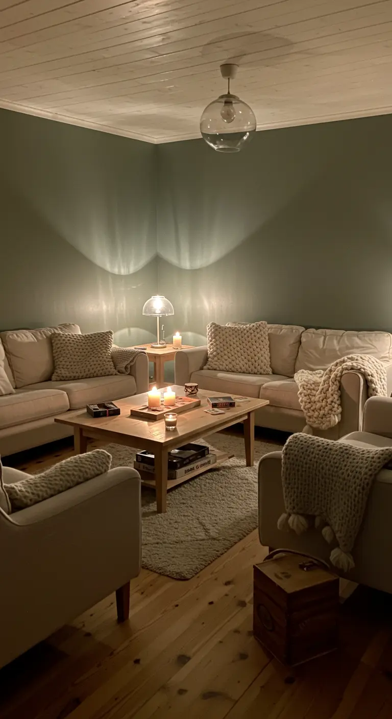 Salon scandinave avec murs verts, canapés clairs, coussins tricotés, table basse bois et lumières tamisées.