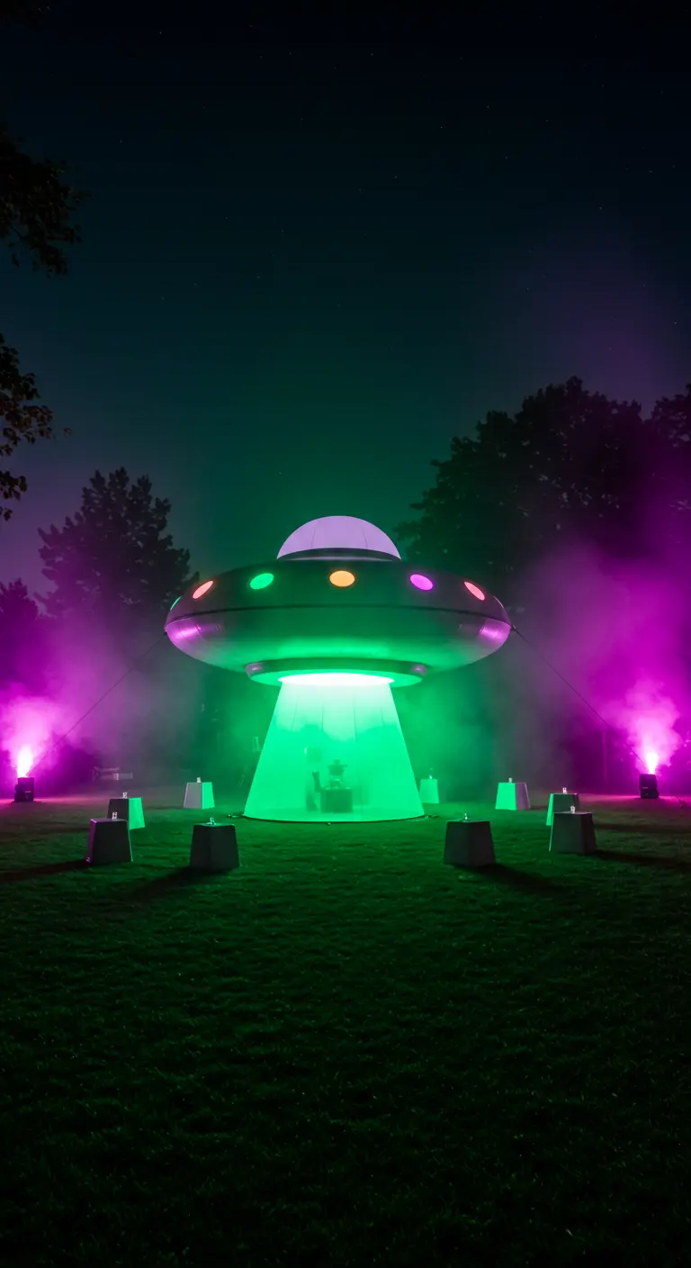 Extérieur nocturne avec un grand OVNI gonflable illuminé de vert et violet, fumée.