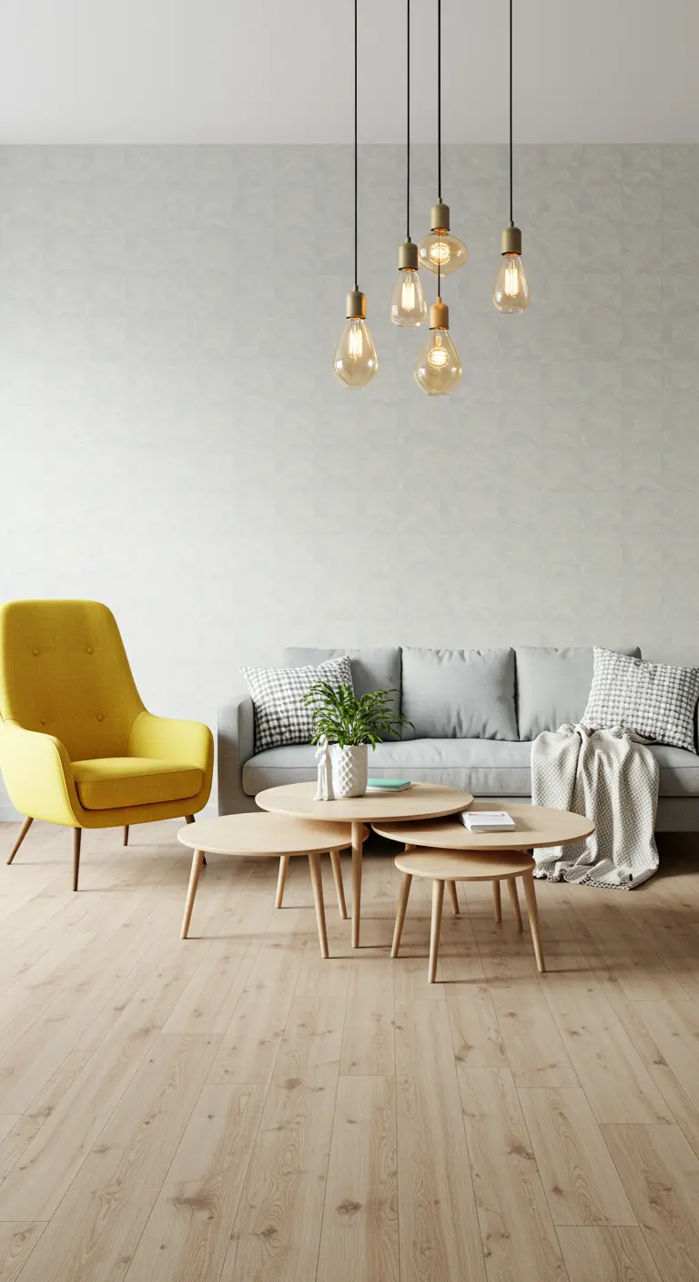 Salon scandinave avec fauteuil jaune, canapé gris, tables basses gigognes et suspensions modernes.
