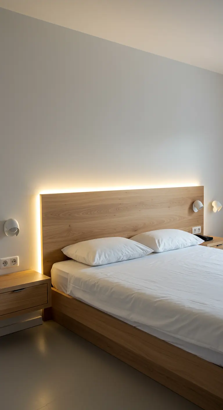 Tête de lit en bois avec rétroéclairage LED intégré, créant une auréole lumineuse.