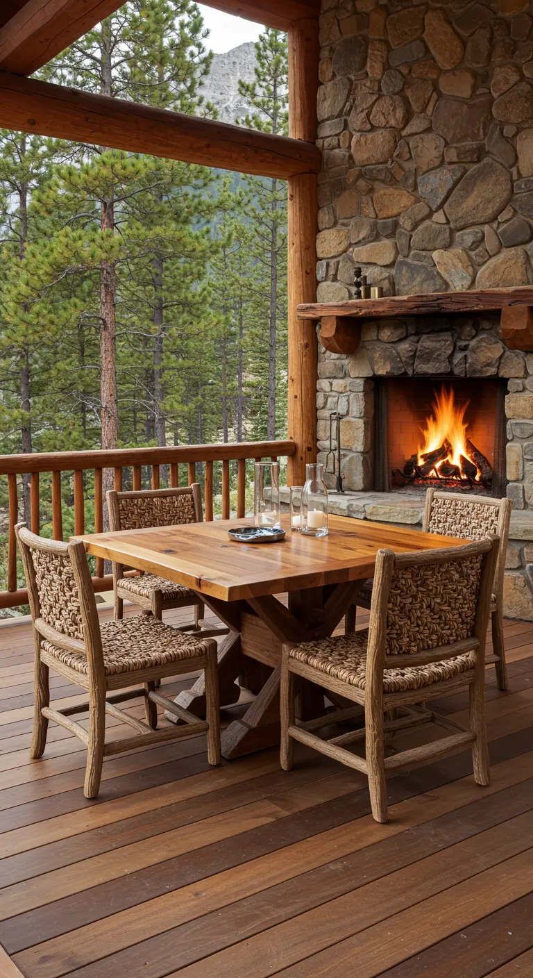 Table carrée en bois, chaises tressées, cheminée en pierre avec feu sur une terrasse en bois en montagne.