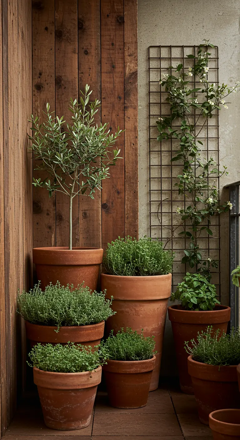 Balcon avec pots en terre cuite remplis d'herbes et un treillis avec plante grimpante.