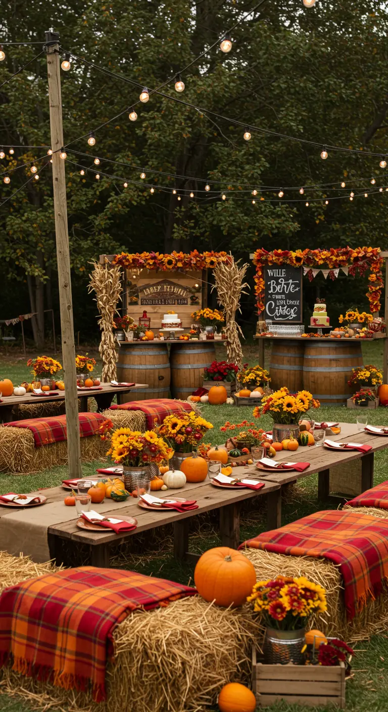 Tables rustiques et bottes de paille avec plaids, citrouilles et tournesols, guirlandes lumineuses en extérieur.