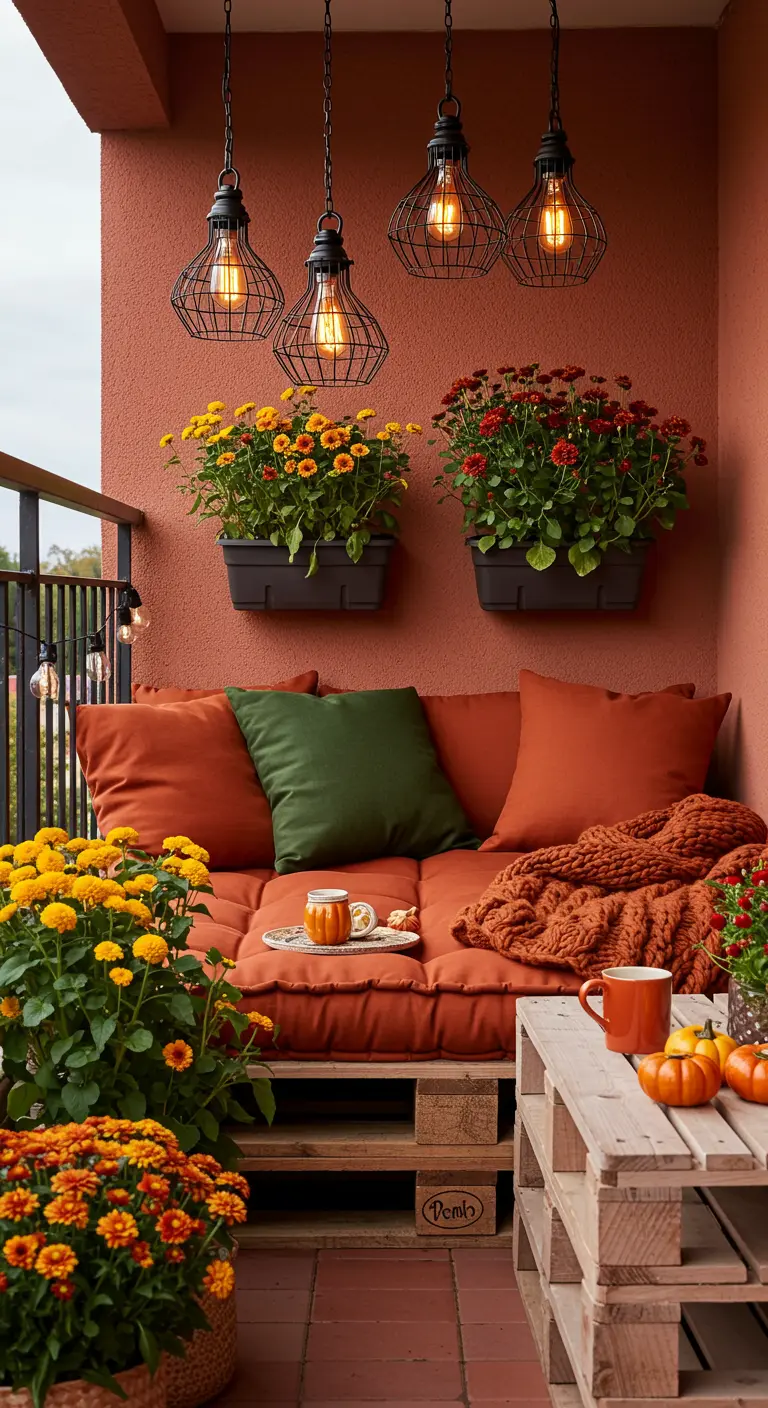 Balcon aux couleurs d'automne avec un canapé en palettes orange, coussins verts, chrysanthèmes et suspensions lumineuses industrielles.