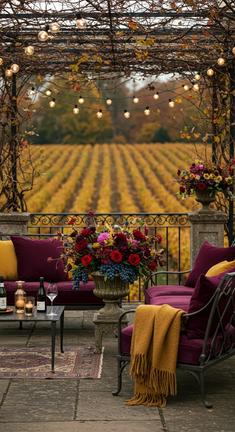 Terrasse d'automne surplombant un vignoble, salon bordeaux, bouquet de fleurs et raisins, guirlandes lumineuses.